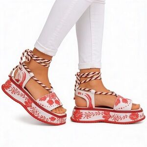 FARM RIO Red Embroidery Cross Stitch Flatform Ankle Lace Up Sandals 10 NEW $285